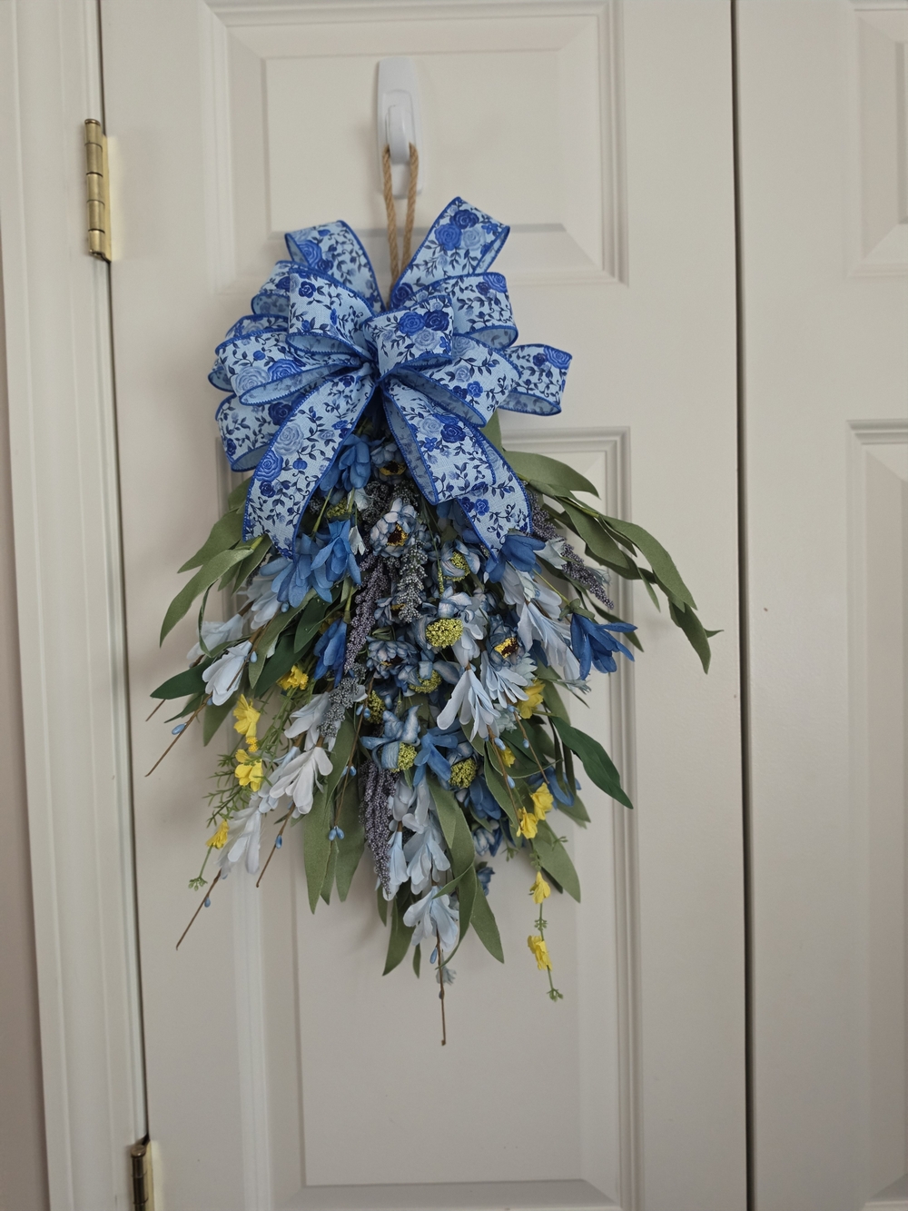 Blue & Yellow Floral Teardrop Door Swag with Patterned Bow